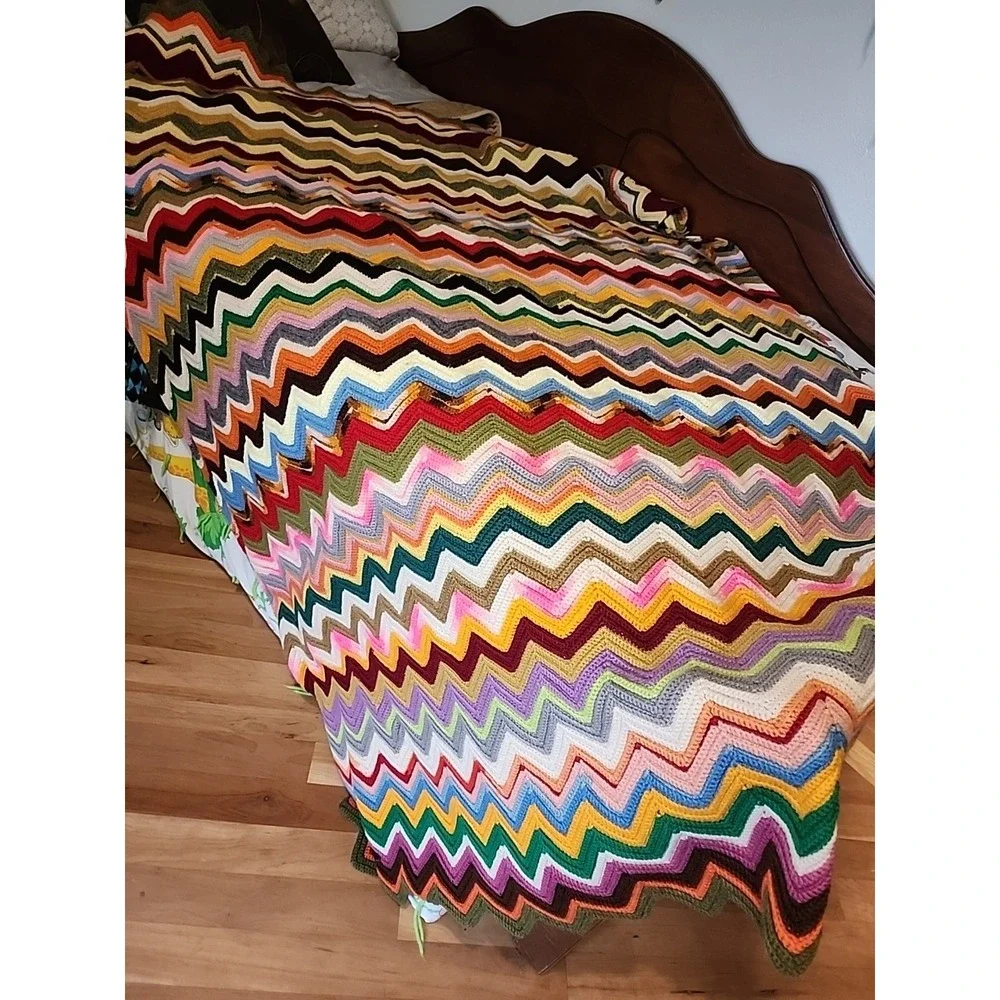 Vtg 70s Handmade Chevron Heavy Multi Color Crocheted Afghan 56